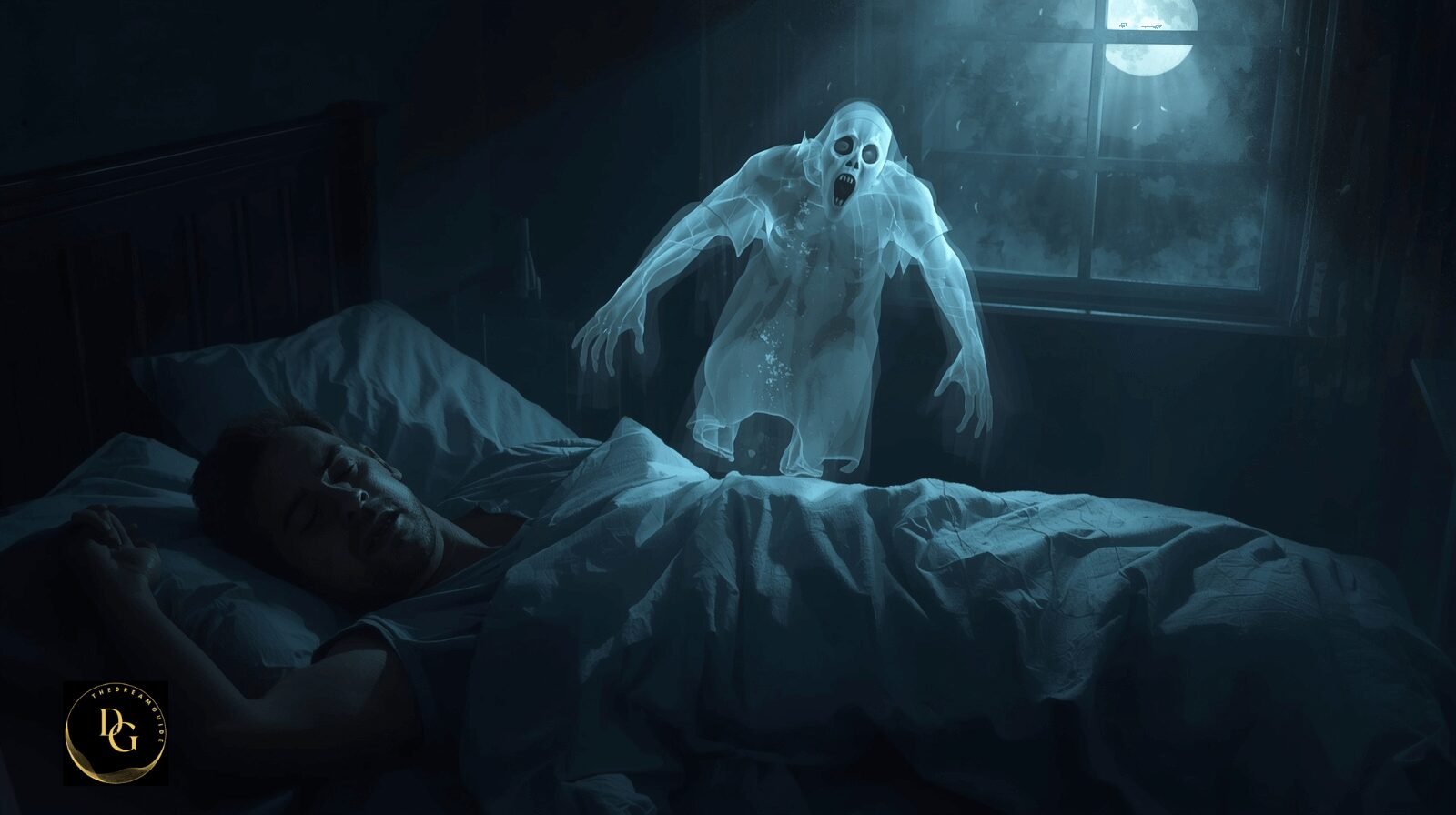 A realistic scene of a man sleeping while seeing a ghost in his dream, symbolizing fear and the biblical meaning of ghost in a dream.