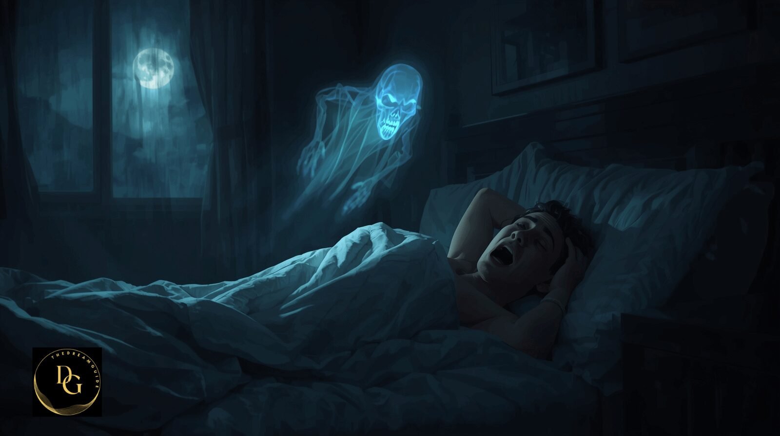 A ghostly figure appearing in a nightmare, representing psychological fears and the biblical meaning of ghost in a dream.