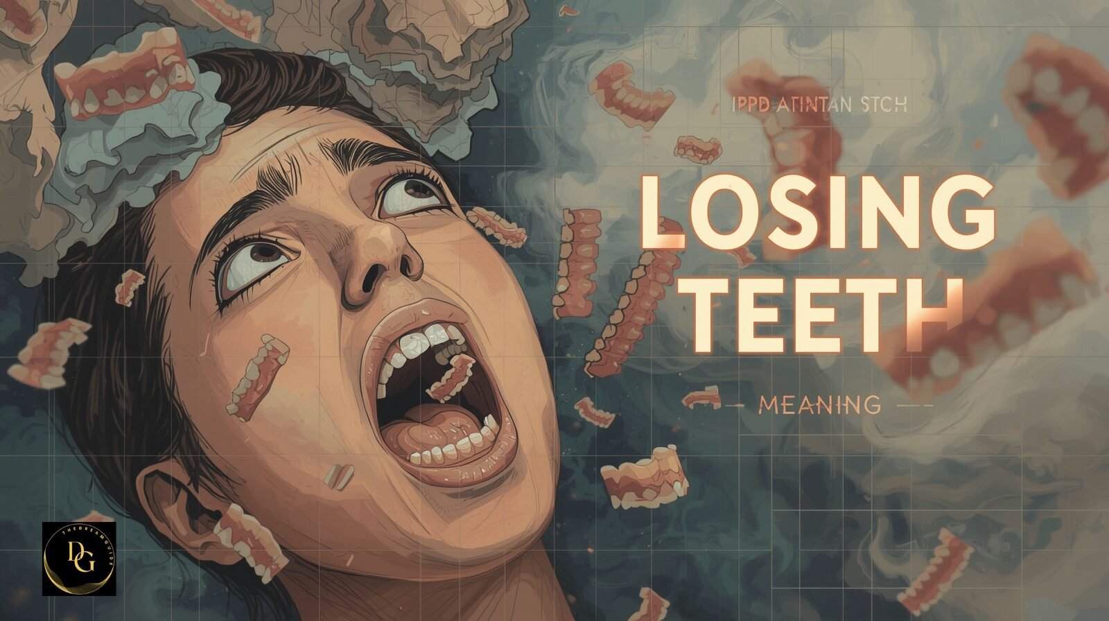 Highly realistic illustration of a person looking worriedly in a mirror as their teeth fall out, symbolizing the dream about losing teeth meaning, emotional stress, hidden anxiety, fear of change
