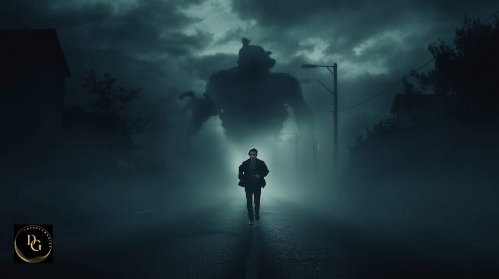 A realistic scene of a person sleeping in bed while experiencing a dream about running away from danger, with a surreal overlay showing a chase in a dark and stormy setting.
