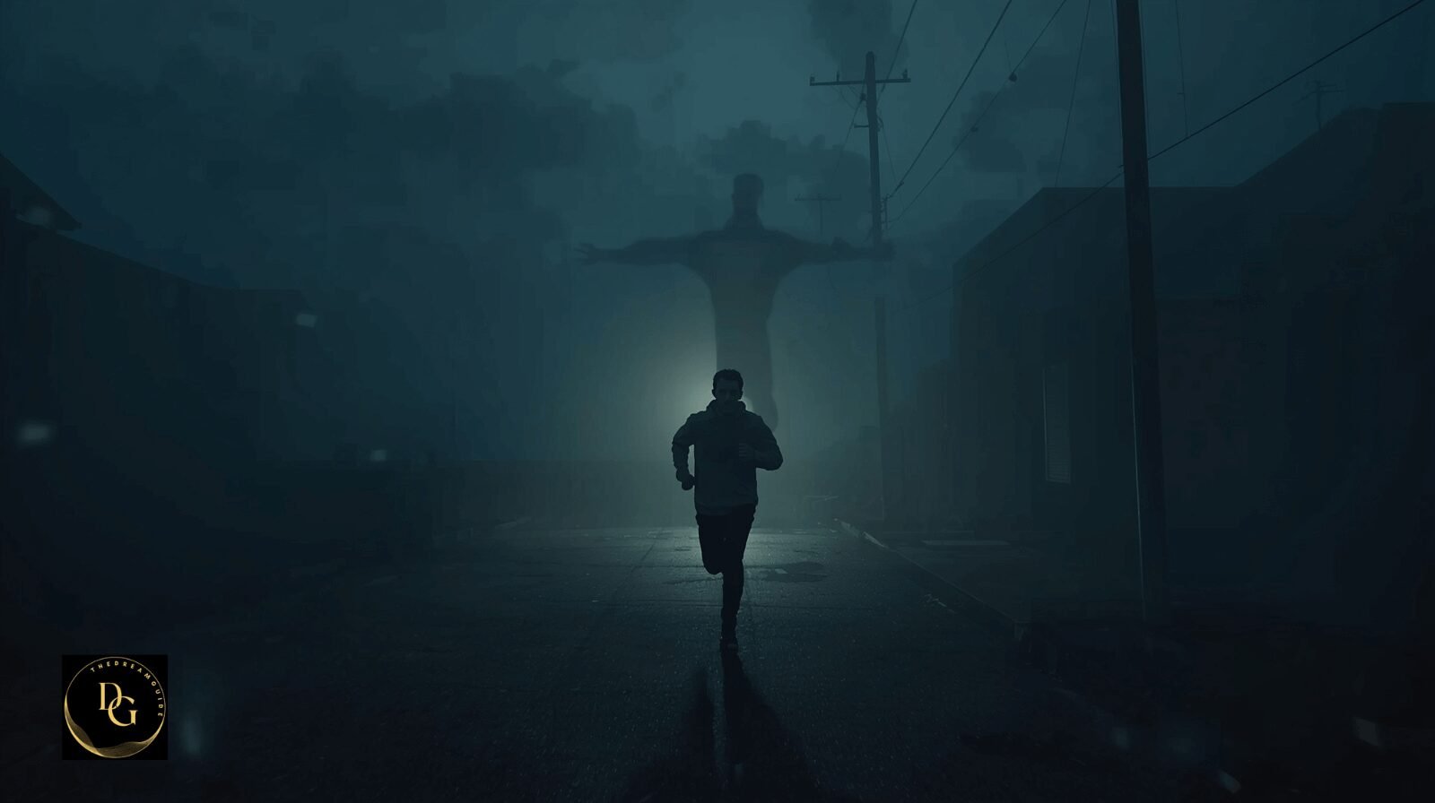 A cinematic and symbolic depiction of a dream about running away from danger, showing a person fleeing from a shadowy figure in a foggy, night-time environment.