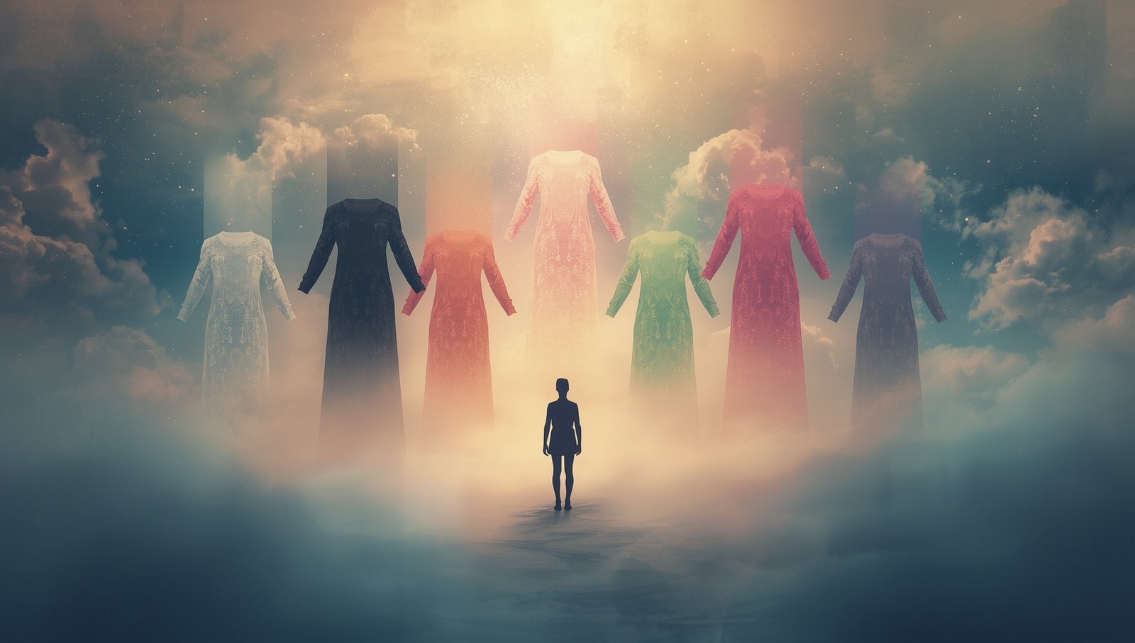 Illustration of symbolic clothing representing the Spiritual Meaning of Clothes in a Dream: Biblical, Islamic, and Cultural Insights about self-expression and spiritual growth.