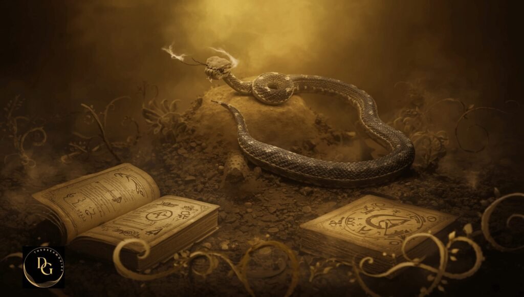 What does a rattlesnake mean in a dream? A detailed depiction of a rattlesnake in a mystical dreamscape, symbolizing hidden fears, protection, and spiritual messages
