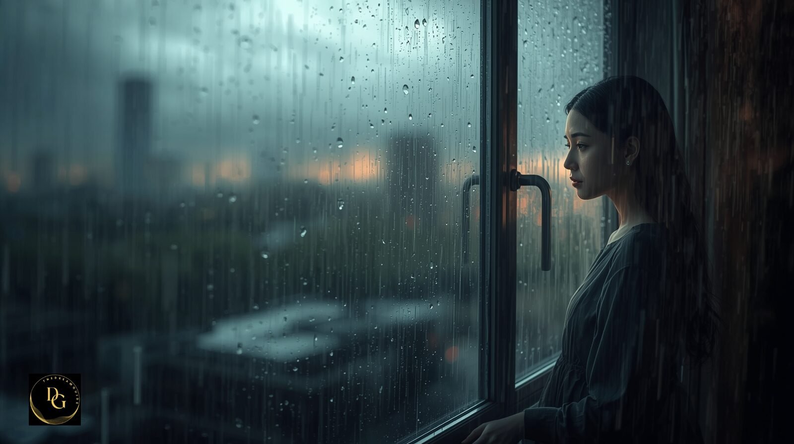 Concept art of vivid heavy rainfall within a dreamlike vision, highlighting the dream about heavy rain meaning, emotional release, and spiritual transformation.