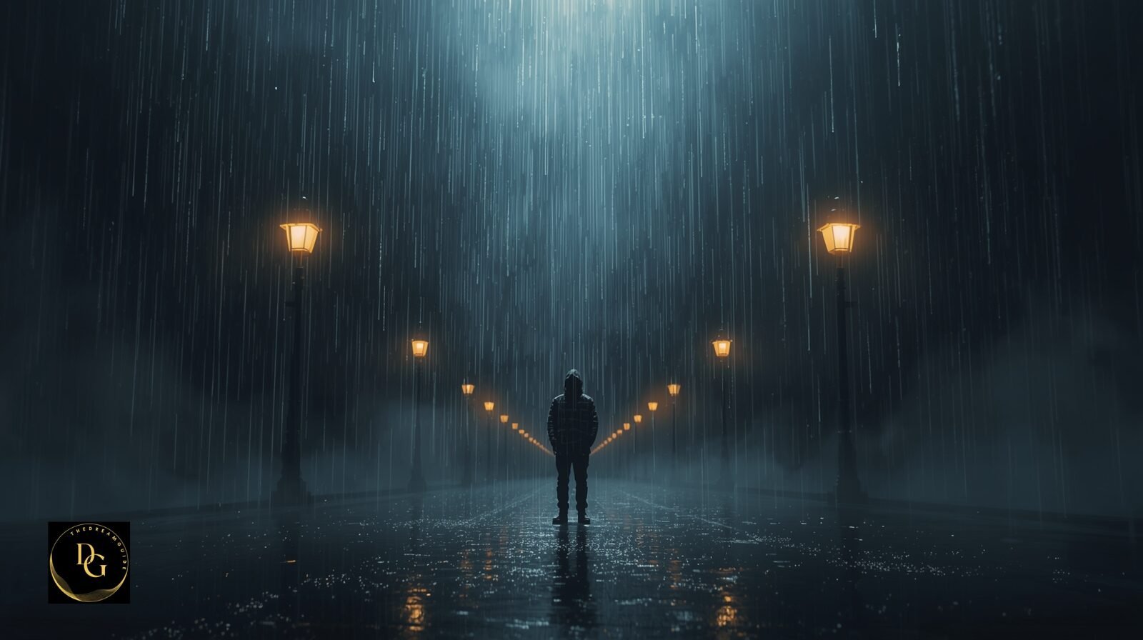 Photorealistic depiction of a sleeping person dreaming of heavy rain at night, illustrating the dream about heavy rain meaning and its connection to transformation and inner healing.