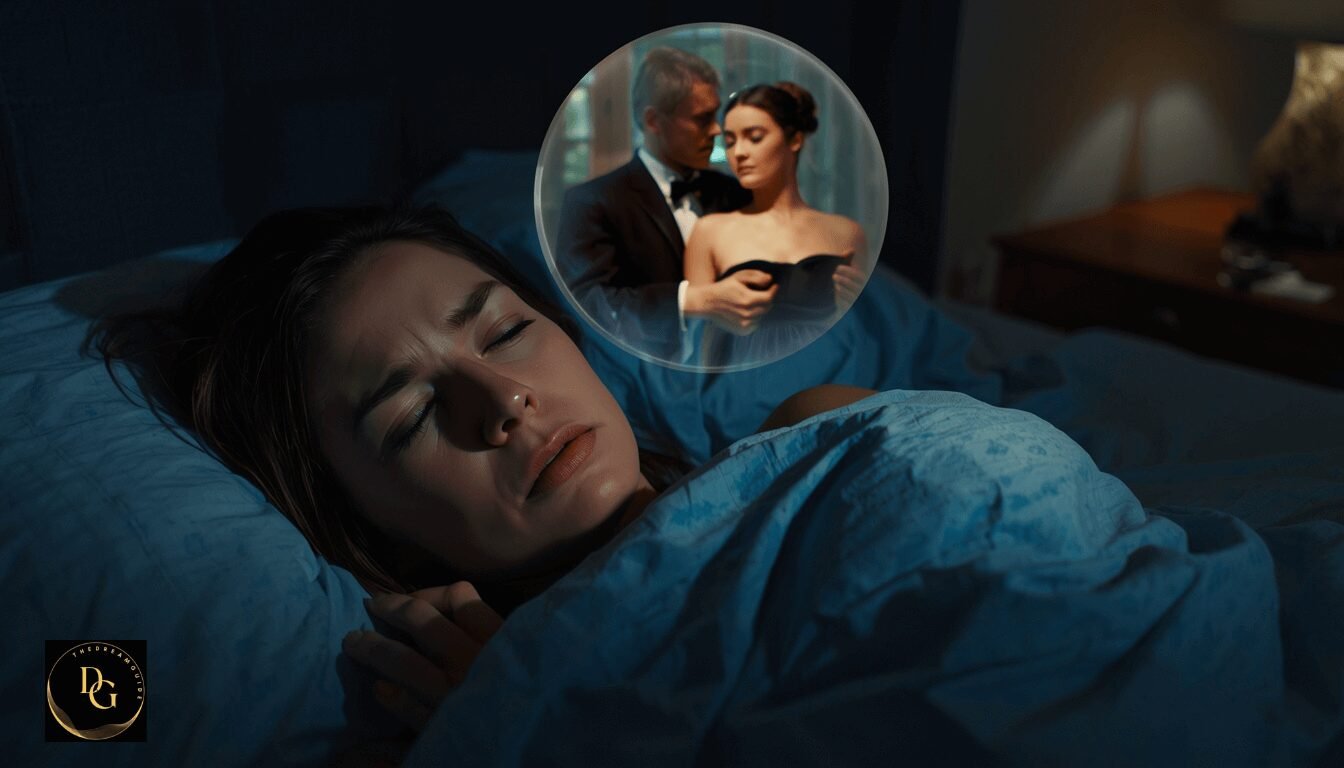 Why Do I Keep Dreaming My Partner Is Cheating? What It Could Mean Spiritually and Emotionally 3 A photorealistic dream sequence showing a woman in deep sleep while a symbolic dream of her partner with someone else floats above her, illustrating why do I keep dreaming my partner is cheating from a spiritual and emotional perspective.