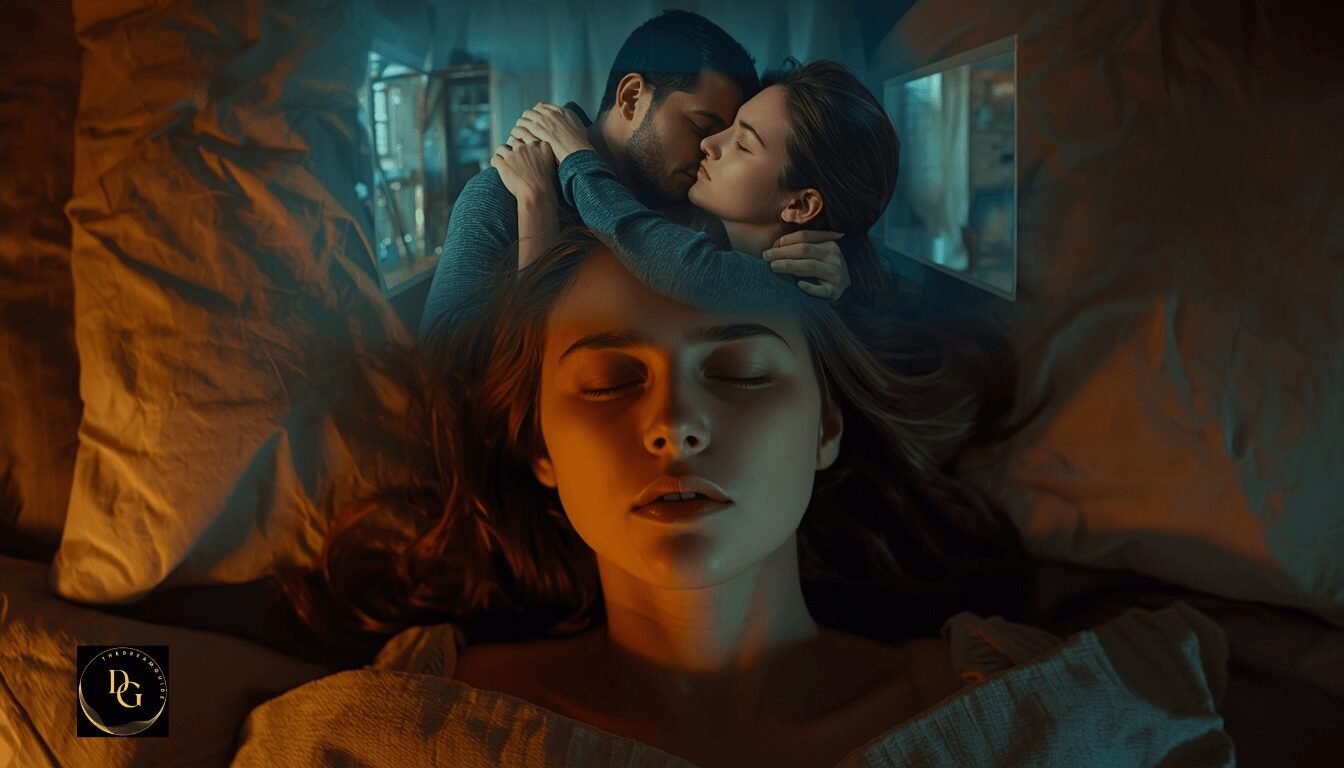 Why Do I Keep Dreaming My Partner Is Cheating? What It Could Mean Spiritually and Emotionally 2 A realistic night bedroom scene where a woman dreams about infidelity, with a soft holographic vision of her partner cheating, representing the psychological roots behind why do I keep dreaming my partner is cheating.