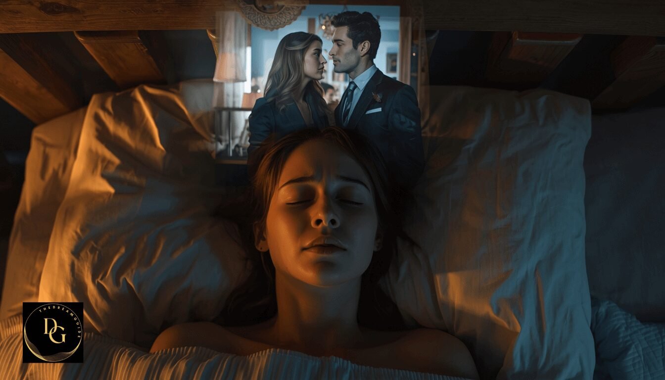 Why Do I Keep Dreaming My Partner Is Cheating? What It Could Mean Spiritually and Emotionally 1 A woman sleeping at night with her eyes closed while a dream-like scene of her partner cheating appears above her, symbolizing subconscious fears and the question of why do I keep dreaming my partner is cheating.